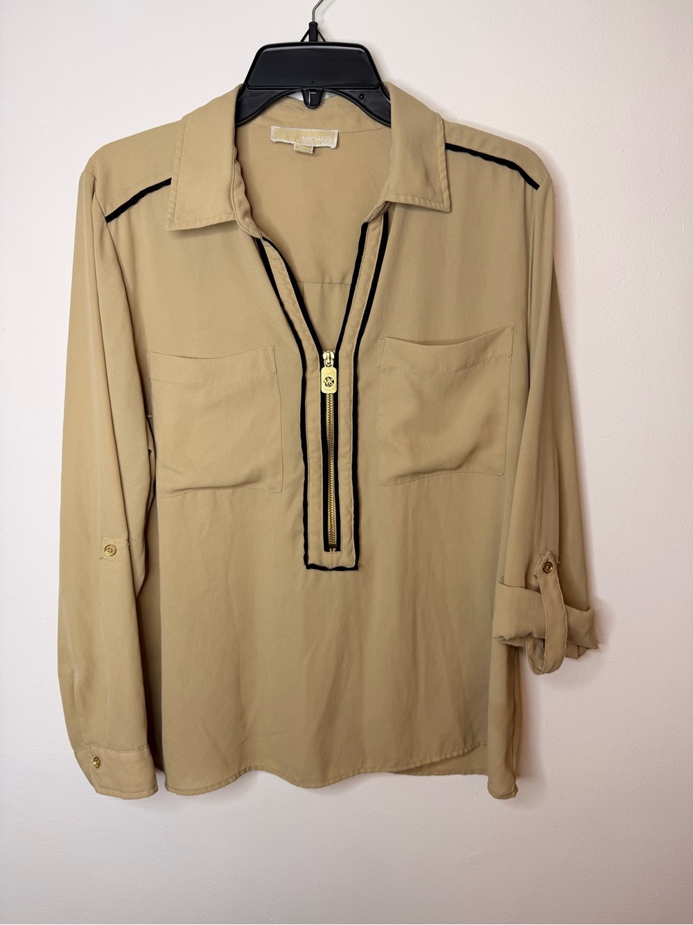 Michael Kors Beige Button-Front Blouse with Black Trim